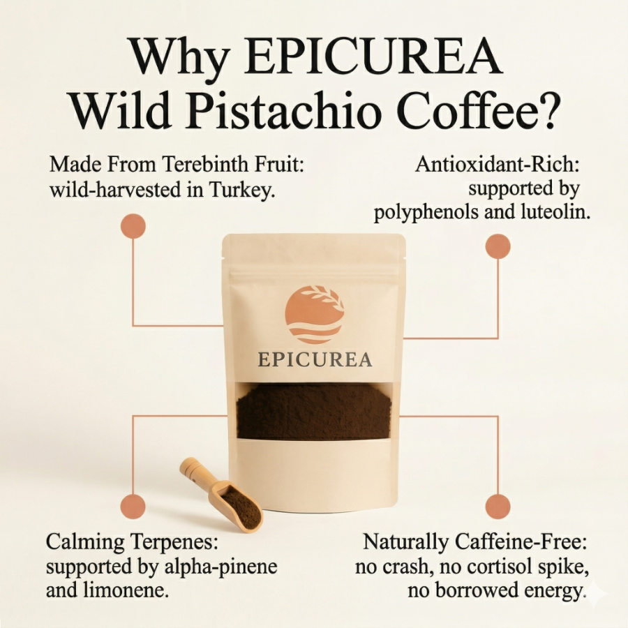 Epicurea Wild Pistachio Coffee packaging with text highlighting features