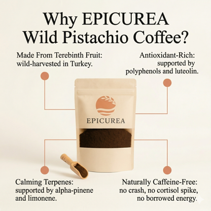 Epicurea Wild Pistachio Coffee packaging with text highlighting features